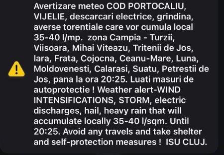 FURTUNĂ în Cluj! Mesaj de avertizare RO-ALERT în mai multe localități din județ