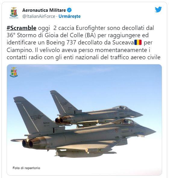 Probleme cu un avion plin cu români care zbura spre Italia! S-au ridicat avioanele de vânătoare
