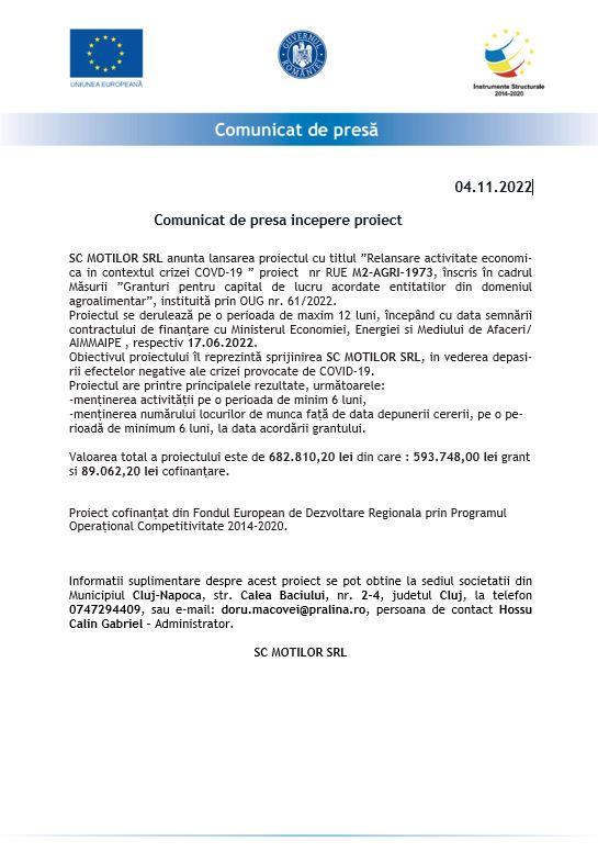 (P) Comunicat de presa incepere proiect MOTILOR SRL