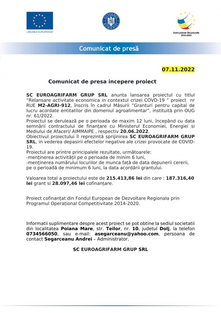 (P) Comunicat de presa incepere proiect SC EUROAGRIFARM GRUP SRL