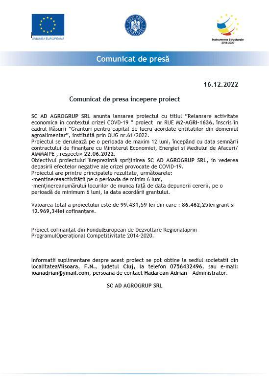 (P) Comunicat de presa incepere proiect AD AGROGRUP SRL