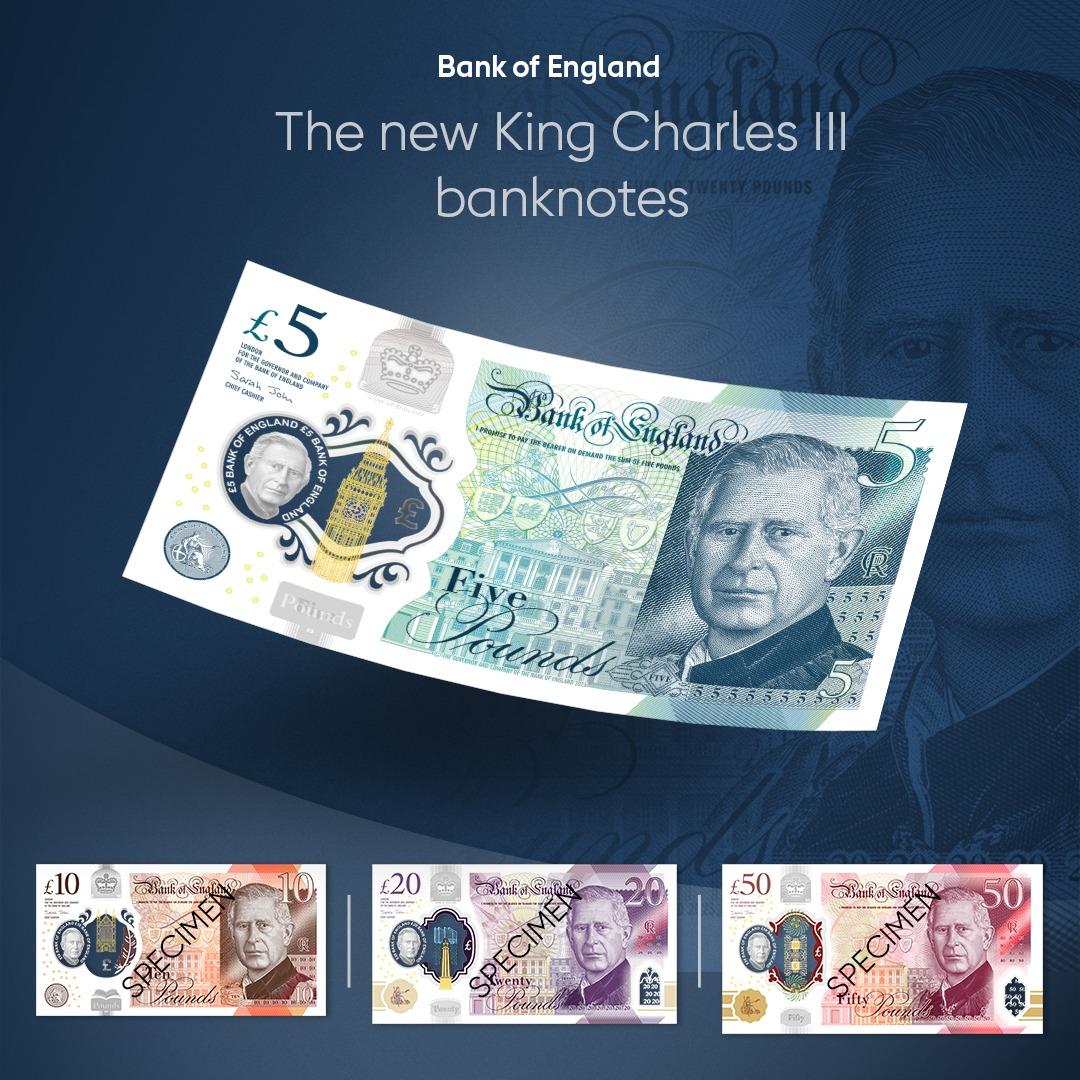 Cum arată noile bancnote din Marea Britanie cu chipul regelui Charles/ Când vor intra în circulaţie