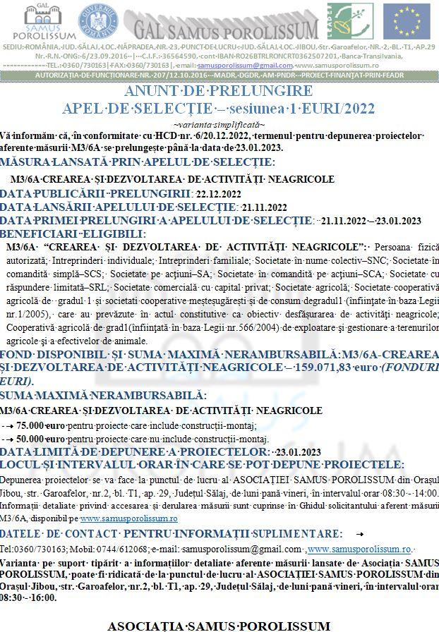 Asociația Samus Porolissum anunță prelungirea APELULUI DE SELECȚIE – sesiunea 1 EURI/2022 pentru măsura M3/6A