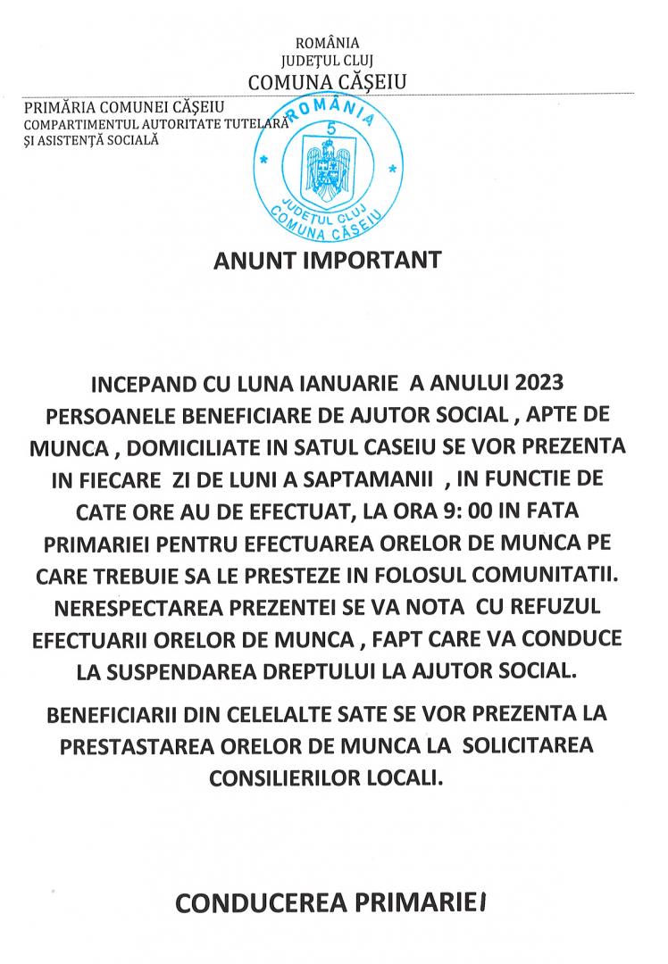 Asistaţii social dintr-o comună clujeană, poftiţi la muncă. În caz contrar, li se suspendă dreptul la ajutorul social