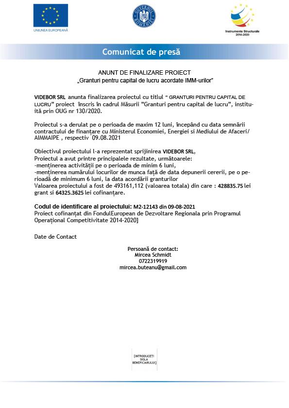 ANUNT DE FINALIZARE PROIECT „Granturi pentru capital de lucru acordate IMM-urilor”