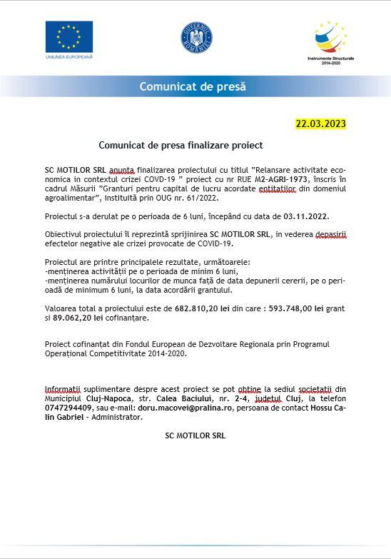 Comunicat de presa finalizare proiect SC MOTILOR SRL
