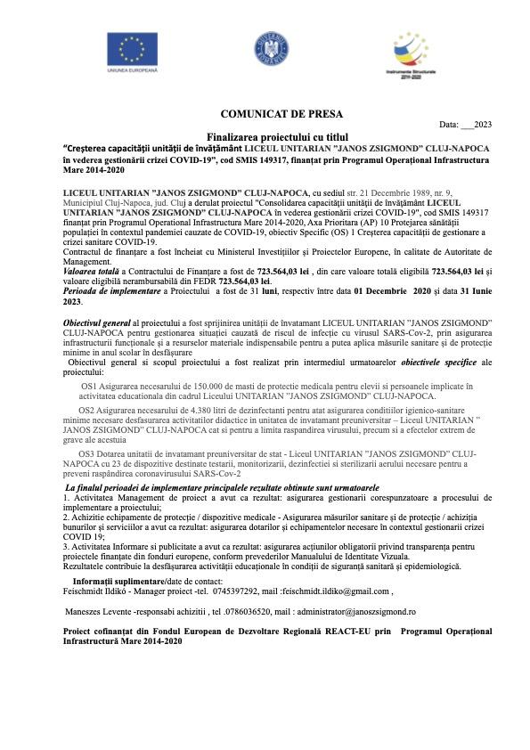 Comunicat finalizare proiect