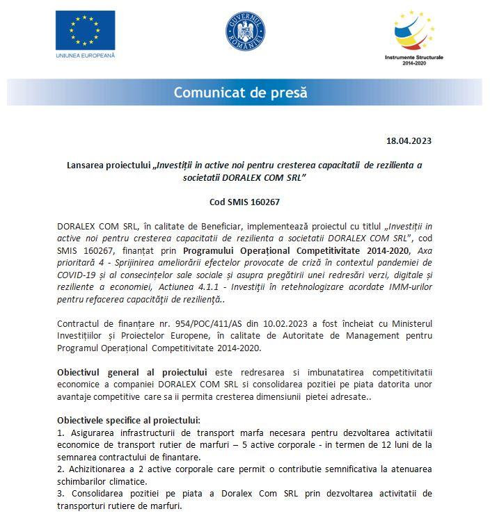 Comunicat de presă începere proiect DORALEX COM SRL