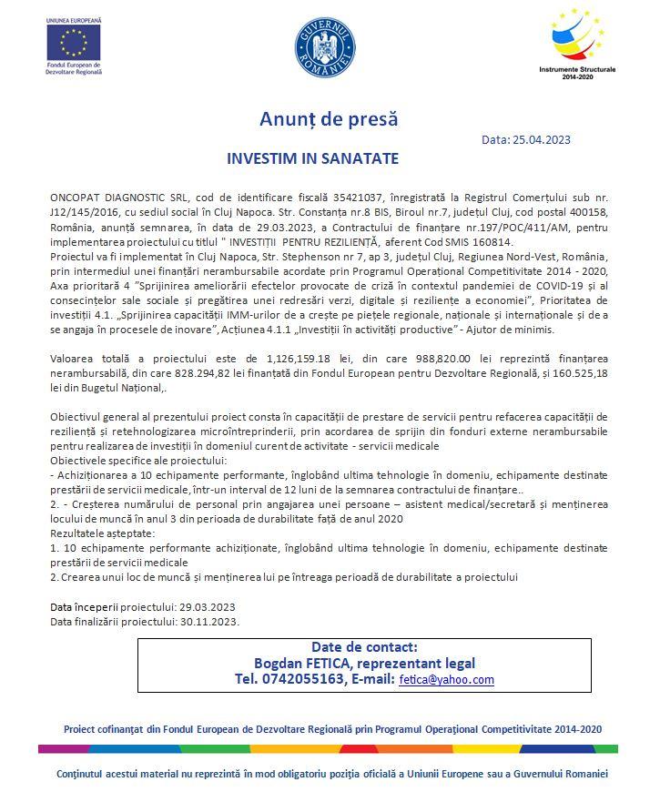 INVESTIM ÎN SĂNĂTATE | ONCOPAT DIAGNOSTIC SRL anunță semnarea Contractului de finanțare pentru implementarea proiectului cu titlul "INVESTIȚII PE
