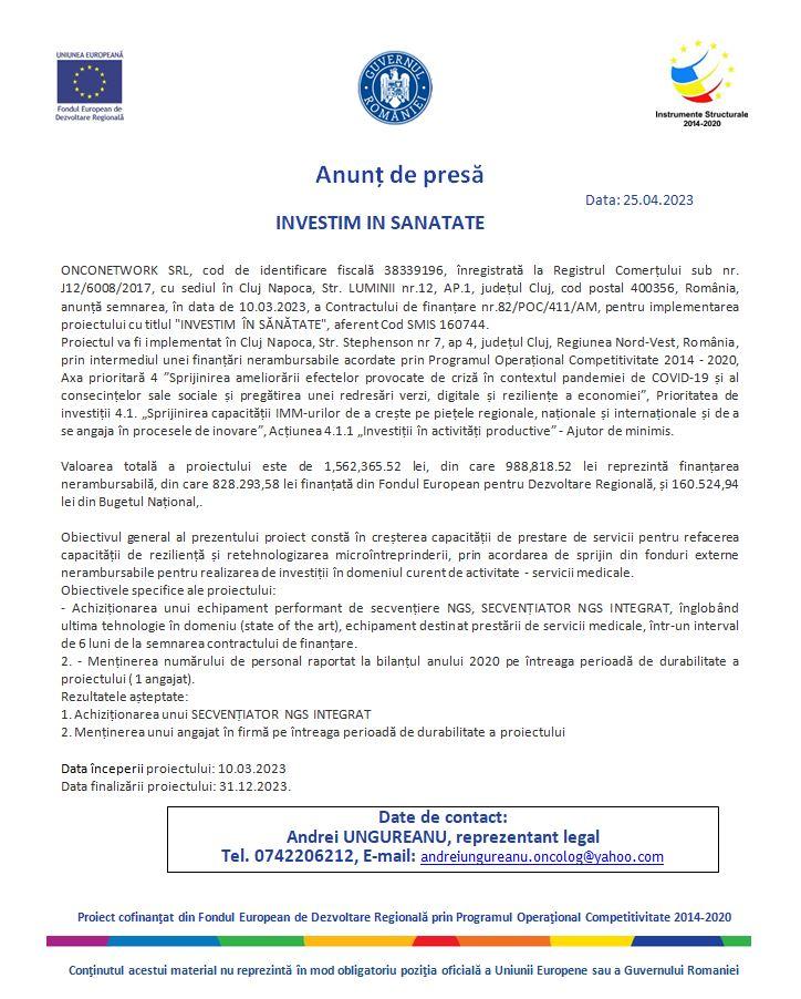 INVESTIM ÎN SĂNĂTATE | ONCONETWORK SRL anunță semnarea Contractului de finanțare pentru implementarea proiectului cu titlul "INVESTIM ÎN SĂNĂTATE
