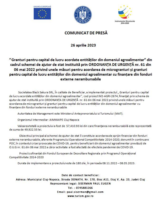 Anunț implementare proiect "Granturi pentru capital de lucru acordat entităților din domeniul agroalimentar" - Black Sakura SRL