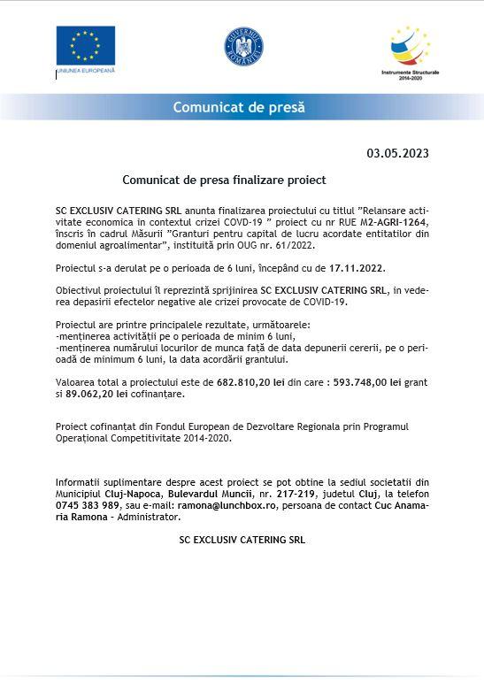 Comunicat de presă finalizare proiect EXCLUSIV CATERING SRL