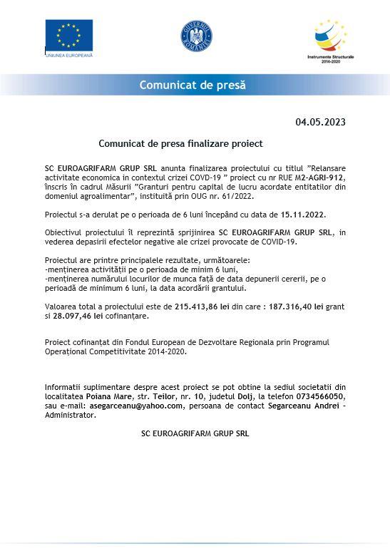 Comunicat de presa finalizare proiect SC EUROAGRIFARM GRUP SRL
