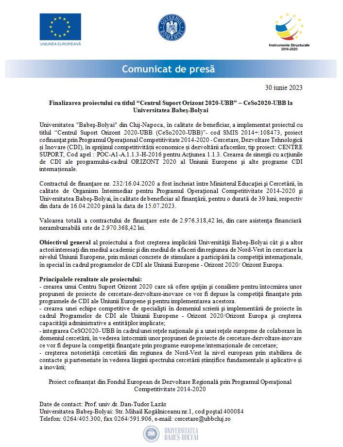 UBB anunță finalizarea proiectului cu titlul “Centrul Suport Orizont 2020-UBB” – CeSo2020-UBB la Universitatea Babeş-Bolyai