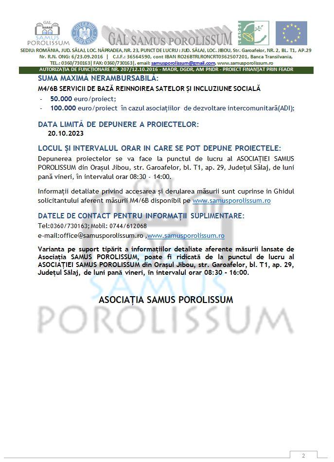 Asociația Samus Porolissum anunță lansarea APELULUI DE SELECȚIE pentru măsura M4/6B Servicii de bază, incluziune socială și reînnoirea satelor