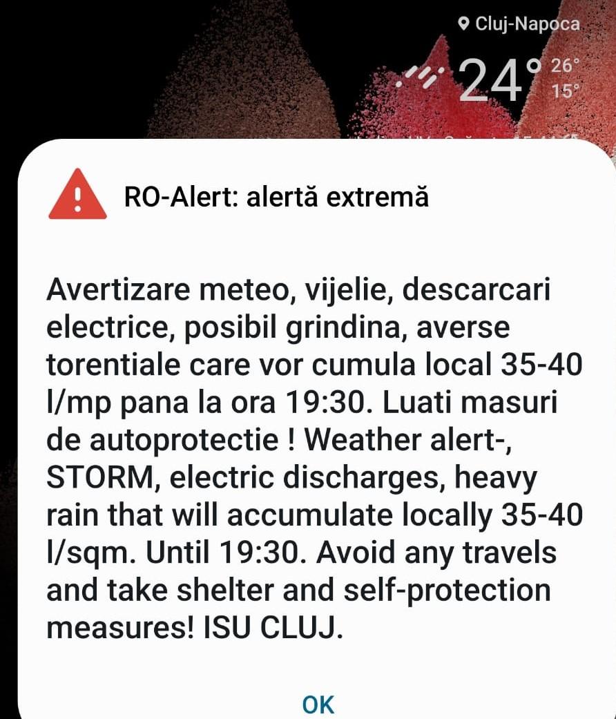 Mesaj RO-ALERT de furtună și descărcări electrice în Cluj-Napoca
