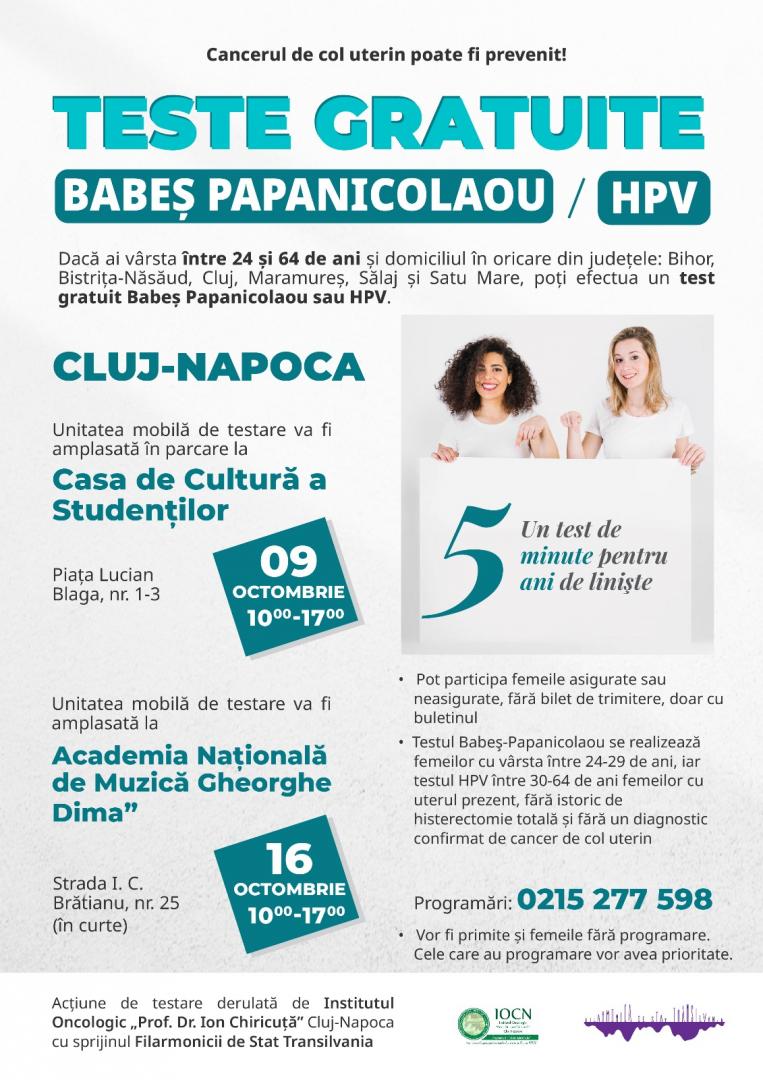 Testări GRATUITE Babeș Papanicolaou sau HPV, în două locații din centrul Clujului