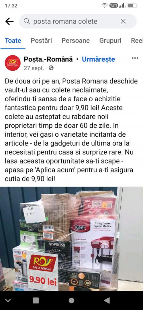 ÎNŞELĂCIUNE ONLINE. Avertismentul Poștei Române: Nu vindem pachete nerevendicate pe Facebook, la prețul de 9,90 lei