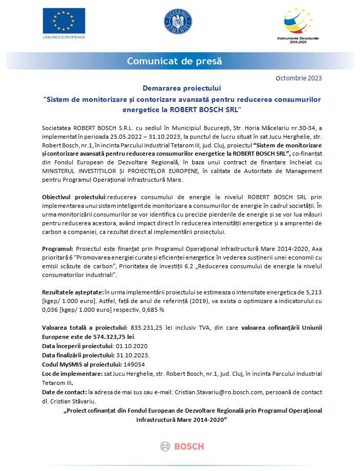Comunicat de presă - Implementare proiect pentru reducerea consumurilor energetice la ROBERT BOSCH SRL din Jucu Herghelie