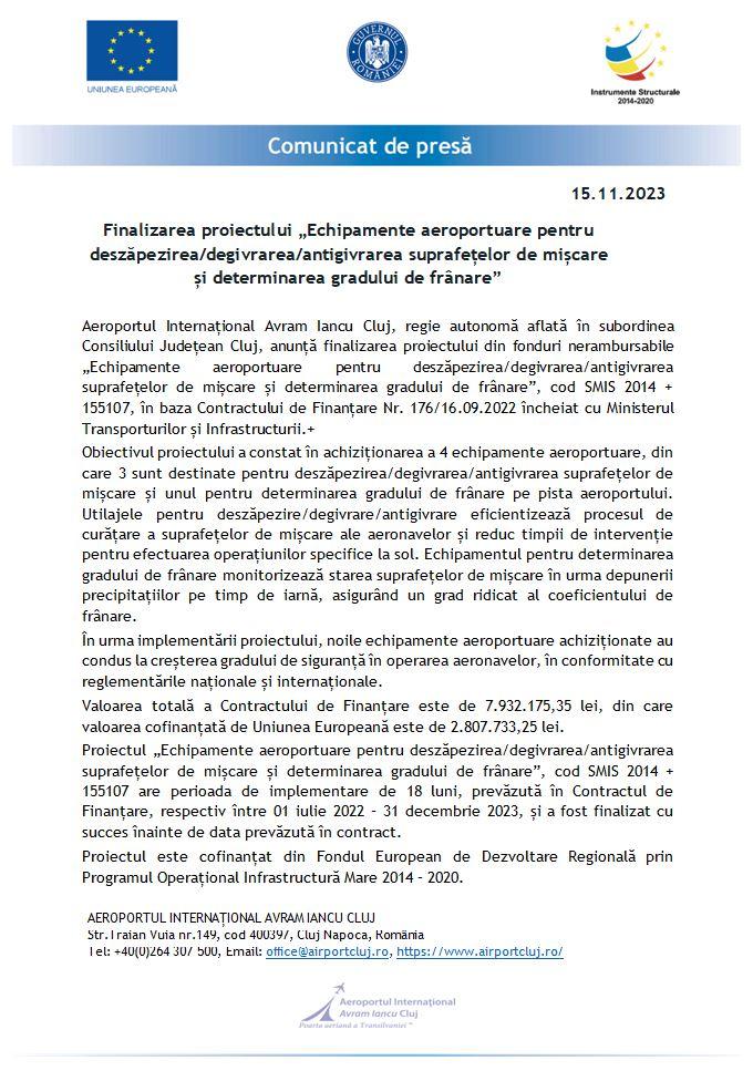 Aeroportul Cluj a finalizat proiectul „Echipamente aeroportuare pentru deszăpezirea/degivrarea/antigivrarea suprafețelor de mișcare și determinarea gr