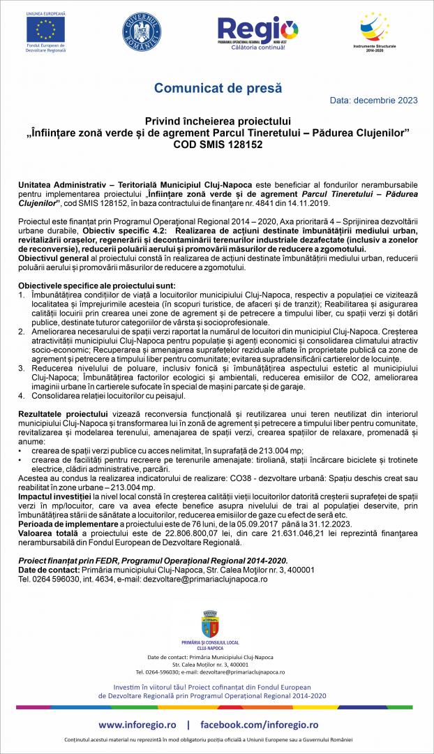 Comunicat de presă privind încheierea proiectului "Înființare zonă verde și de agrement Parcul Tineretului - Pădurea Clujenilor" COD SMIS 12