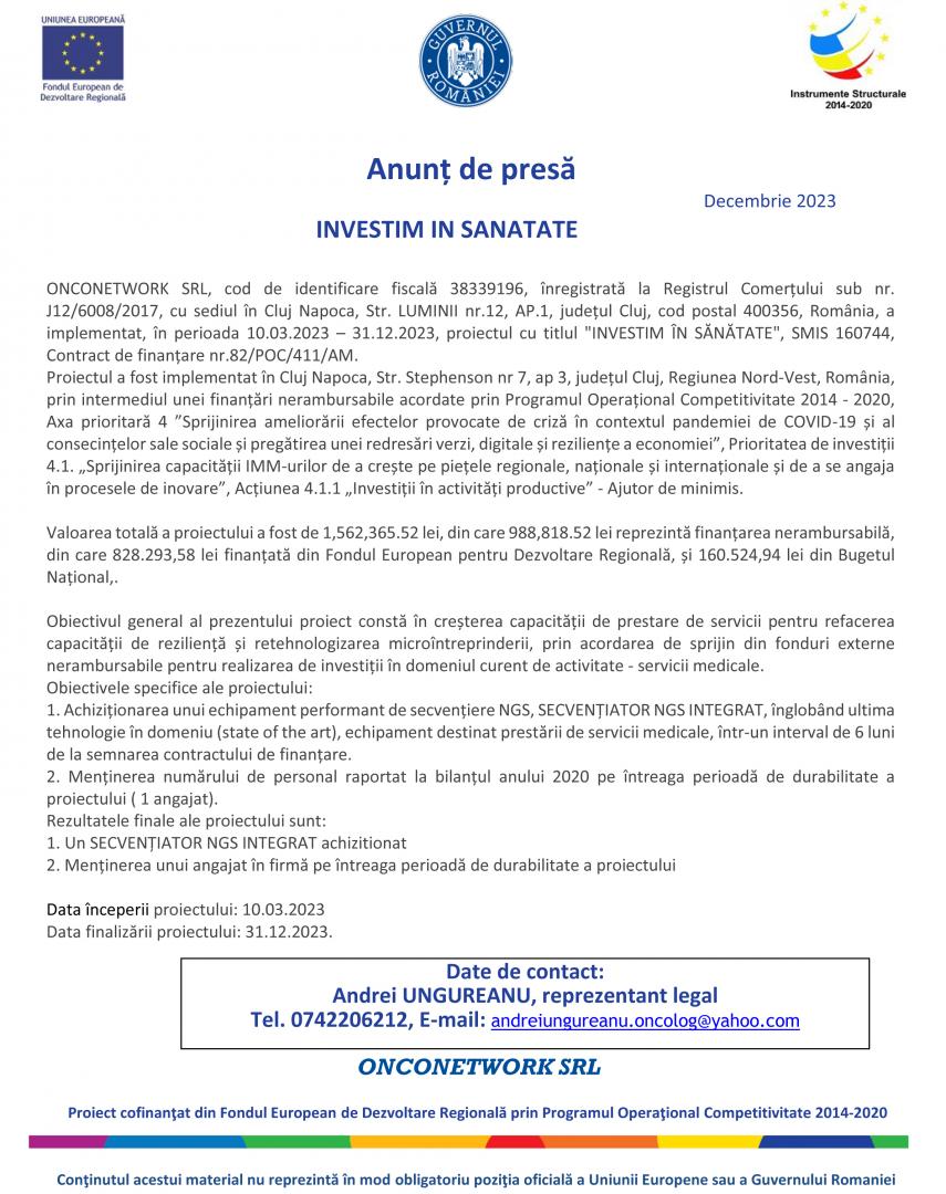 Anunț de presă - INVESTIM ÎN SĂNĂTATE