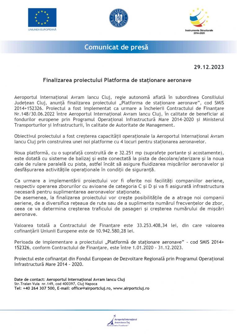 Aeroportul Cluj anunță finalizarea proiectului ,, Platforma de staționare aeronave"