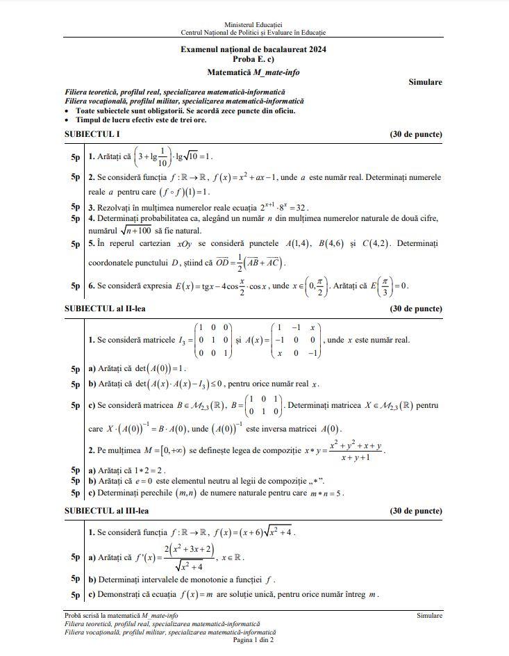 Simulare BAC 2024. Ce au avut de rezolvat elevii la Matematică