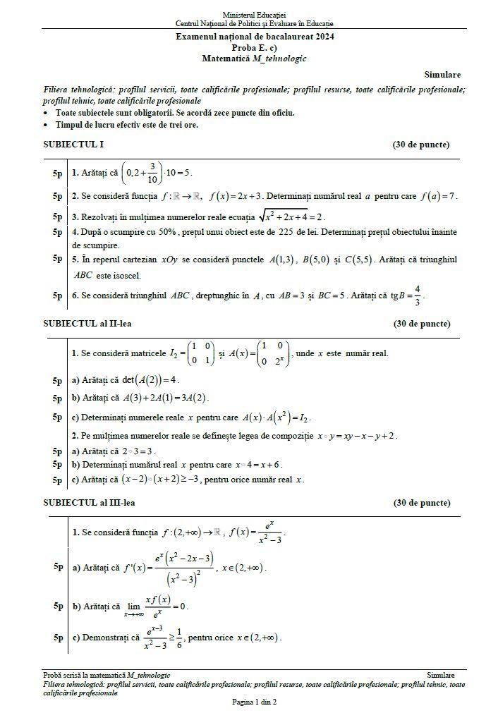 Simulare BAC 2024. Ce au avut de rezolvat elevii la Matematică