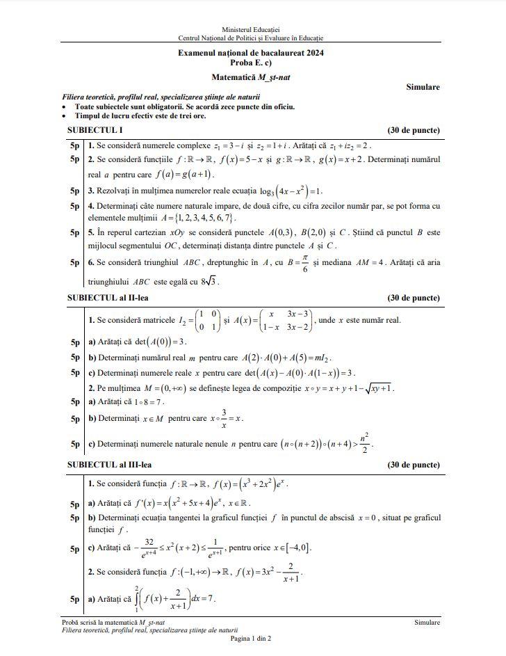 Simulare BAC 2024. Ce au avut de rezolvat elevii la Matematică