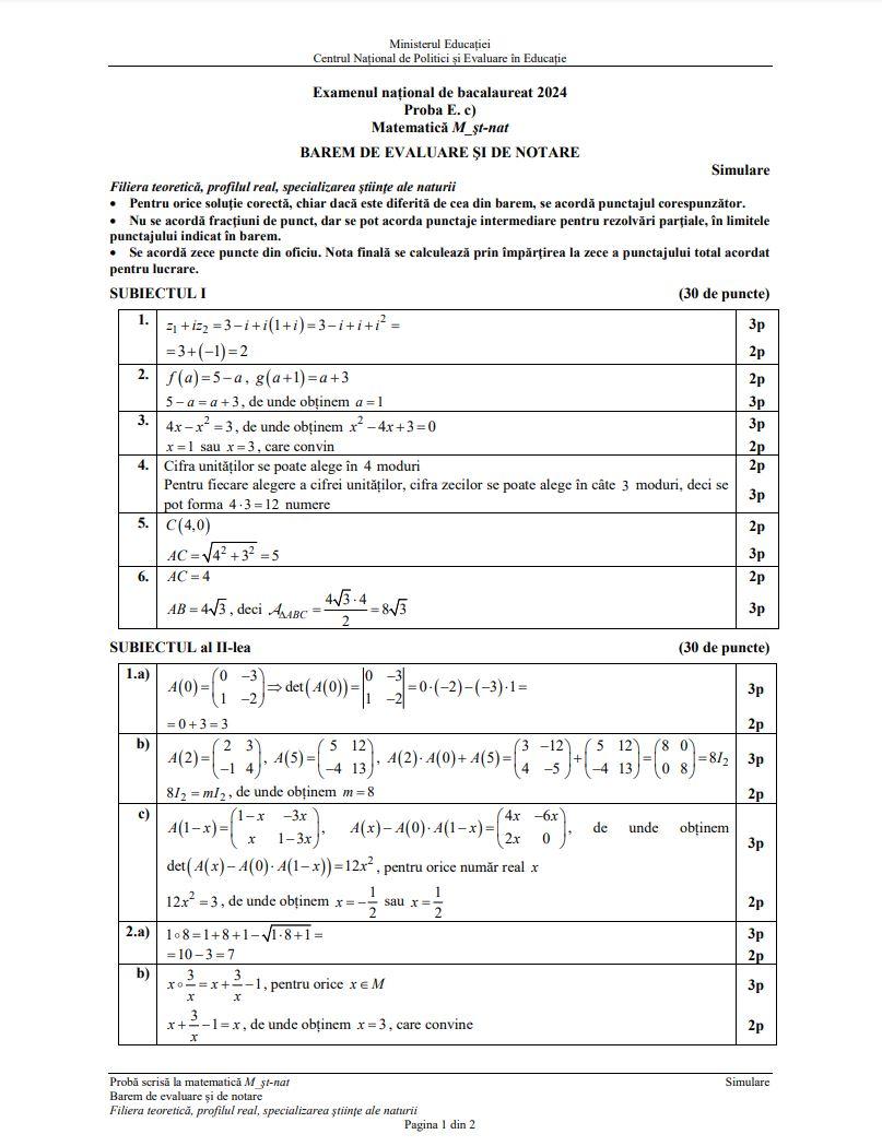 Simulare BAC 2024. Ce au avut de rezolvat elevii la Matematică