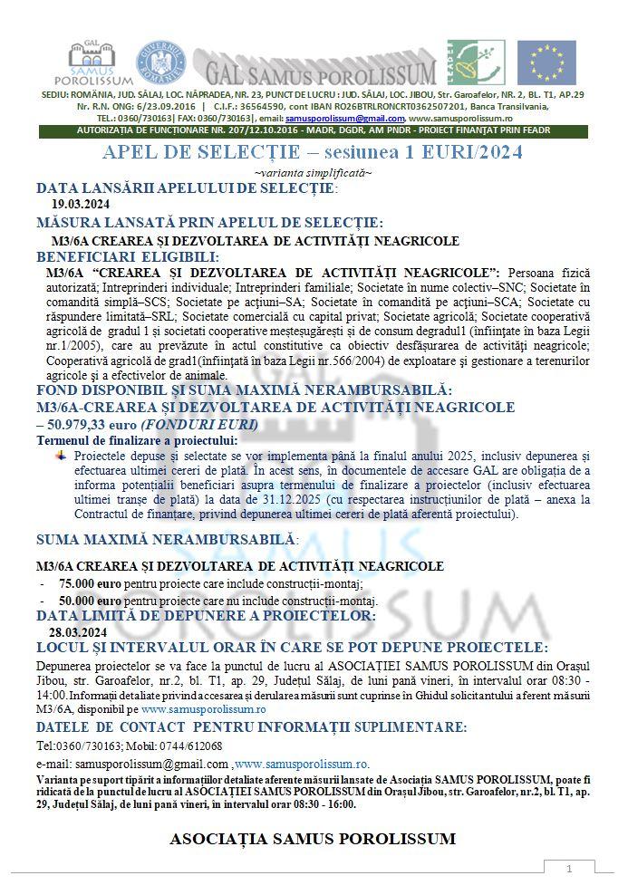 Asociația Samus Porolissum anunță lansarea APELULUI DE SELECȚIE – sesiunea 1 EURI/2024 pentru măsura M3/6A Crearea și dezvoltarea de activități neagri
