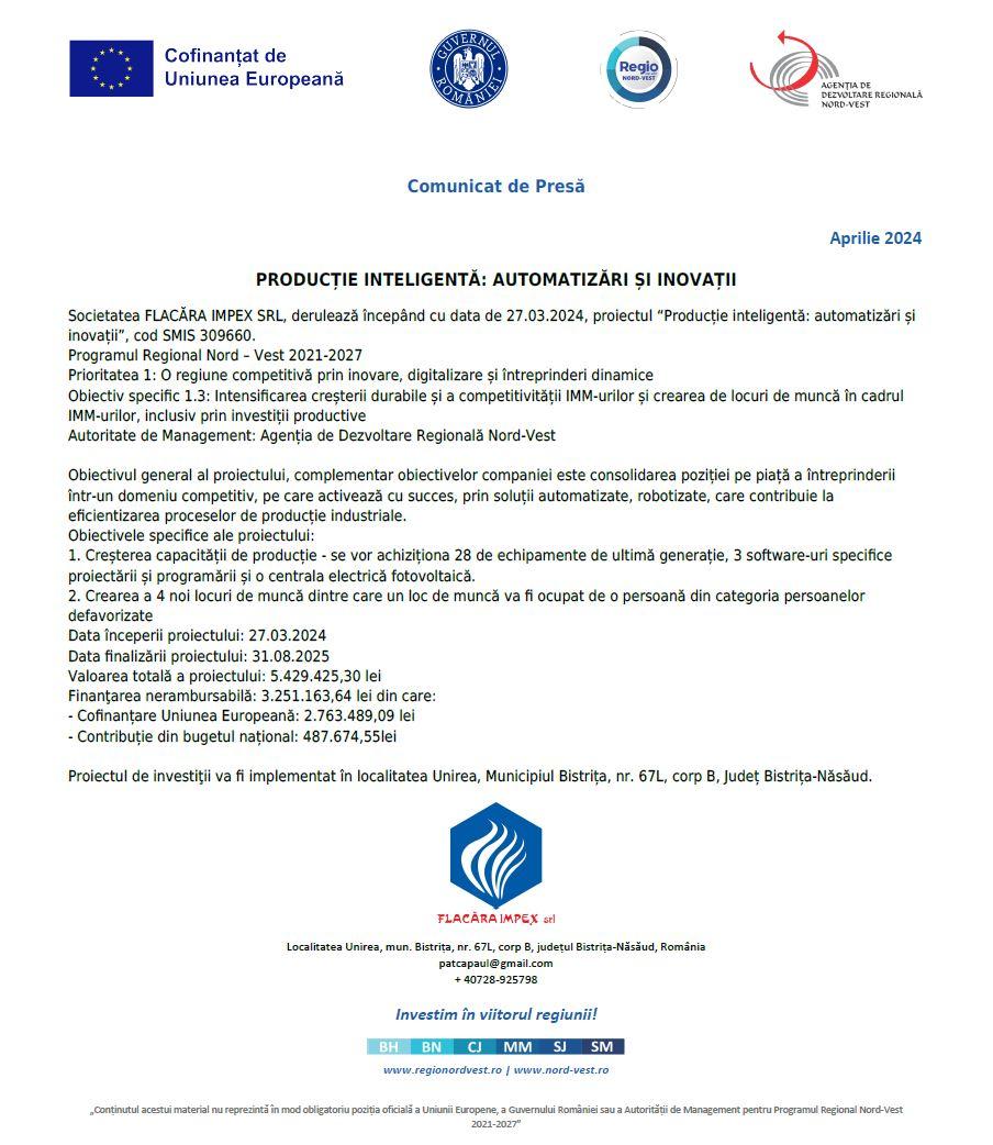 FLACARA IMPEX SRL anunță începerea proiectului PRODUCȚIE INTELIGENTĂ: AUTOMATIZĂRI ȘI INOVAȚII