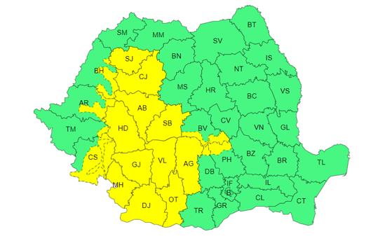 COD GALBEN de vreme rea în 18 județe din țară, inclusiv în Cluj