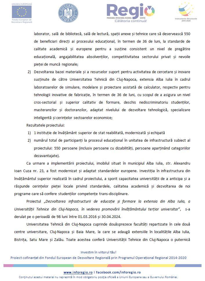 UTCN anunță finalizarea proiectului „Dezvoltarea infrastructurii de educație și formare la extensia din Alba Iulia, a Universității Tehnice din Cluj-N