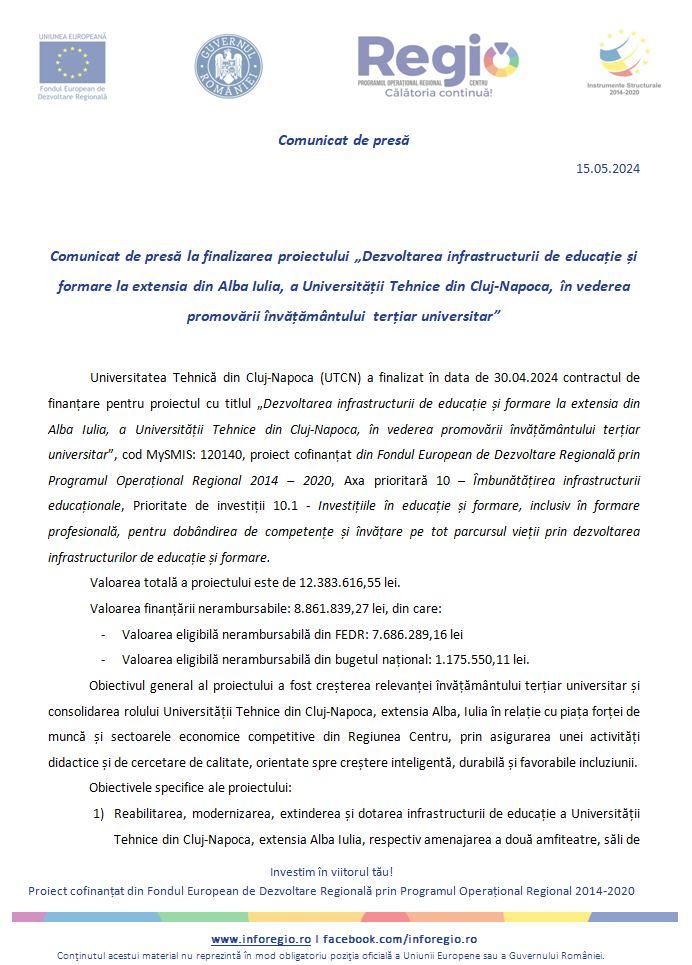 UTCN anunță finalizarea proiectului „Dezvoltarea infrastructurii de educație și formare la extensia din Alba Iulia, a Universității Tehnice din Cluj-N
