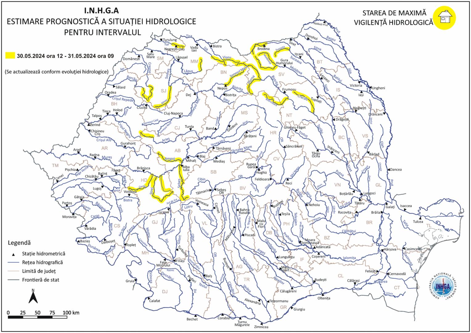 Atenționare hidrologică la Cluj. COD GALBEN de torenți, viituri și posibile inundații