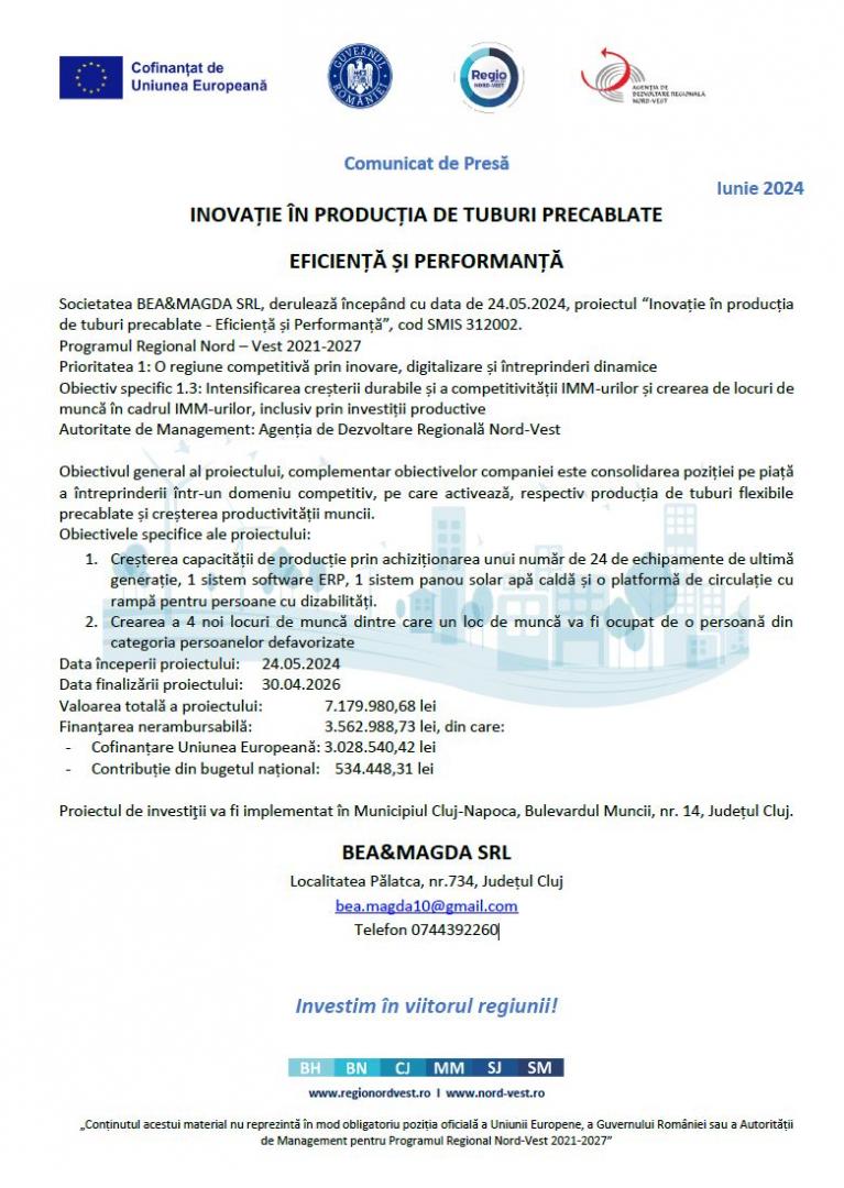 Comunicat de presă începere proiect Bea&Magda SRL -  “Inovație în producția de tuburi precablate - Eficiență și Performanță”