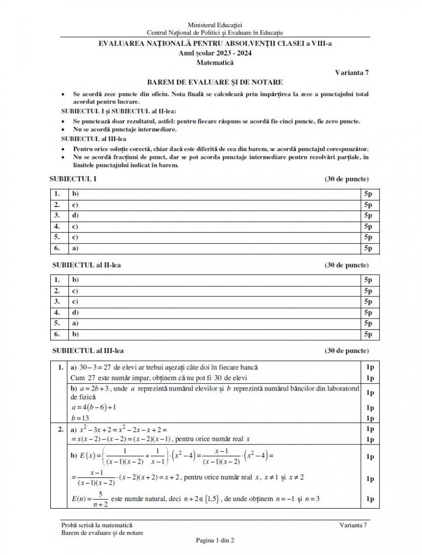 Evaluarea Națională 2024. SUBIECTELE și BAREMUL la proba de Matematică