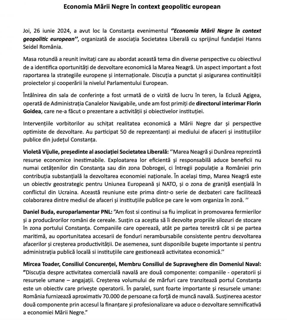 Daniel Buda, apel pentru susținerea fermierilor și a producătorilor români de cereale, în cadrul evenimentului "Economia Mării Negre în context g