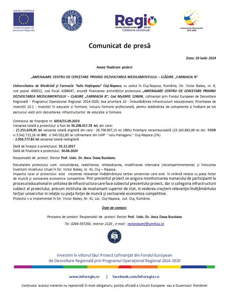 Comunicat de presă finalizare proiect „AMENAJARE CENTRU DE CERCETARE PRIVIND DEZVOLTAREA MEDICAMENTULUI – CLĂDIRE „FARMACIA B”