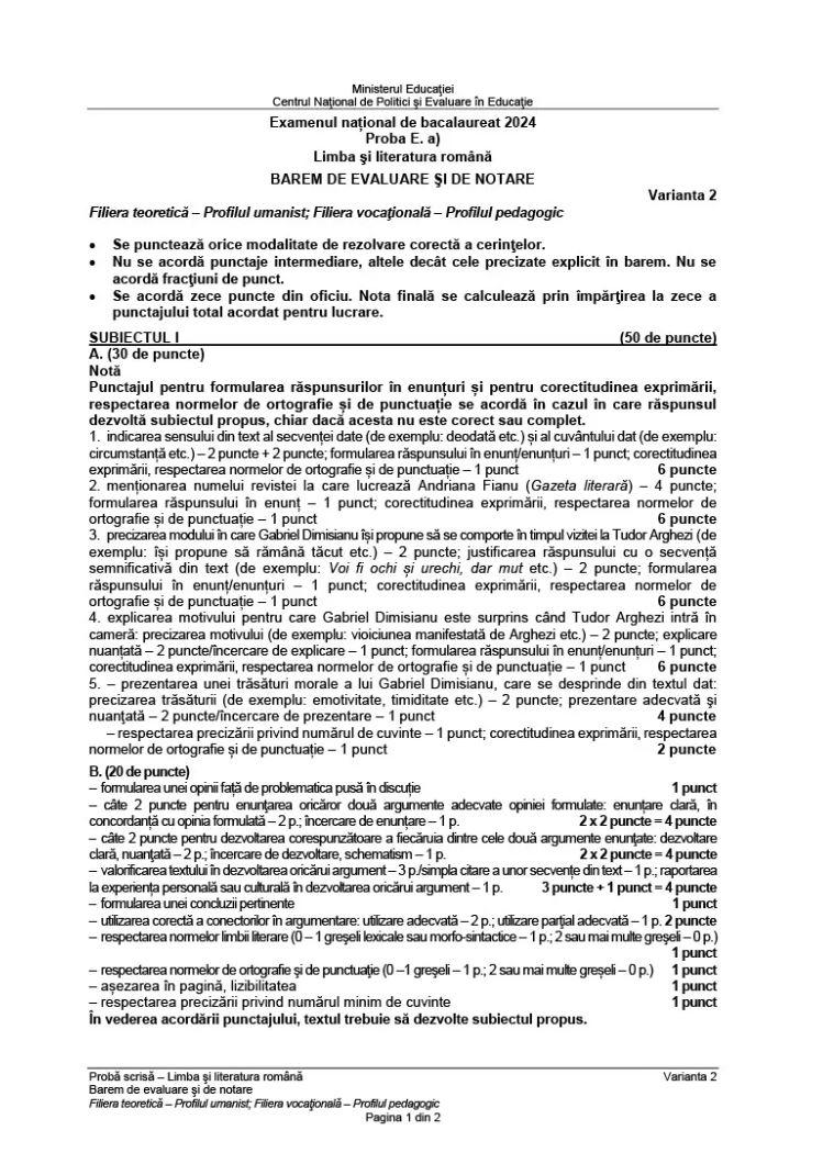 BAC 2024. S-a publicat BAREMUL de corectare la limba română