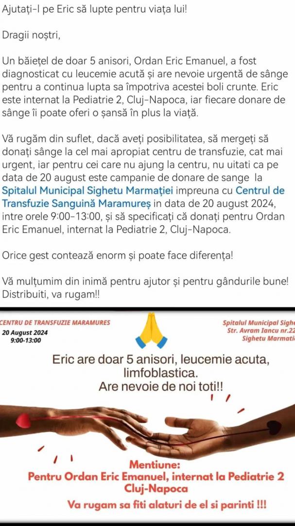 Medic clujean, apel la donare de sânge pentru un băiețel diagnosticat cu leucemie: „Ajutați-l pe Eric să lupte pentru viața lui”