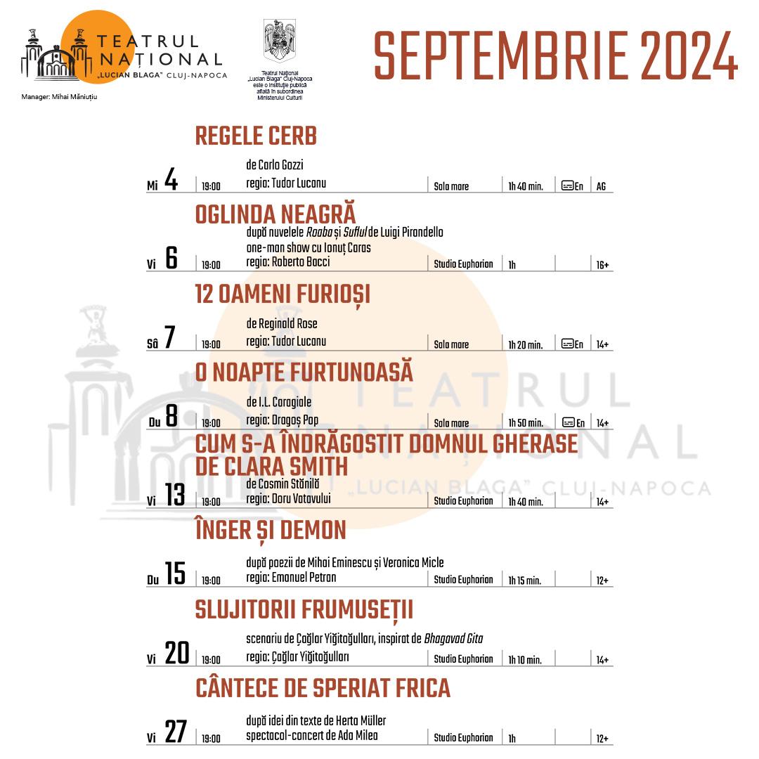 Teatrul Național Cluj-Napoca deschide stagiunea de toamnă. Spectacolele lunii septembrie