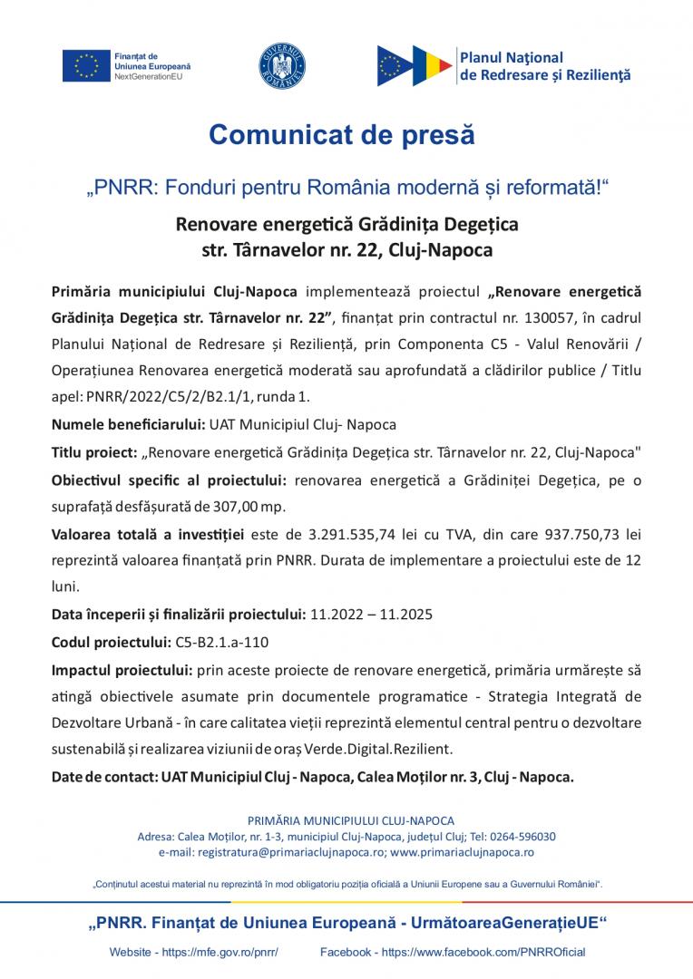 Comunicat de presă - "PNRR: Fonduri pentru România modernă și reformată!" - Renovare energetică Grădinița Degețica str. Târnavelor nr. 22