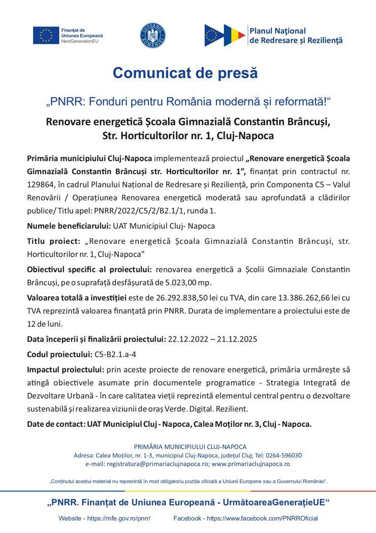 Comunicat de presă - "PNRR: Fonduri pentru România modernă și reformată!" - Renovare energetică Școala Gimnazială Constantin Brâncuși, Str. 