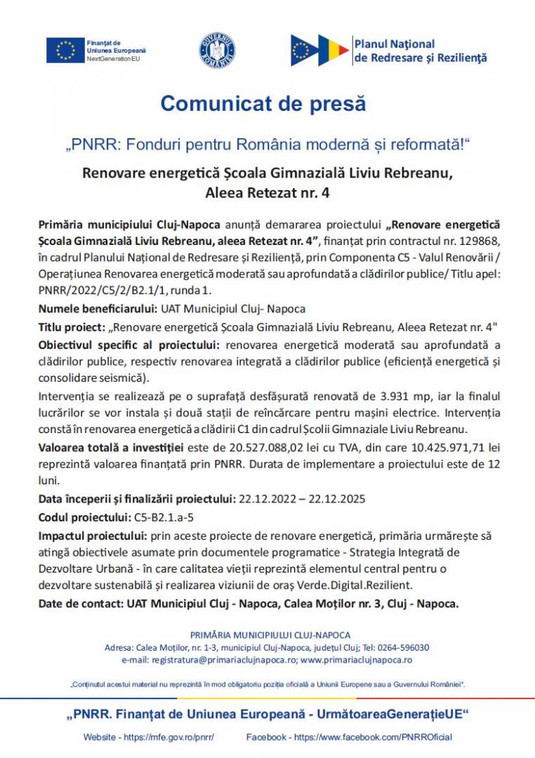 Comunicat de presă - "PNRR: Fonduri pentru România modernă și reformată!" - Renovare energetică Școala Gimnazială Liviu Rebreanu, Aleea Rete
