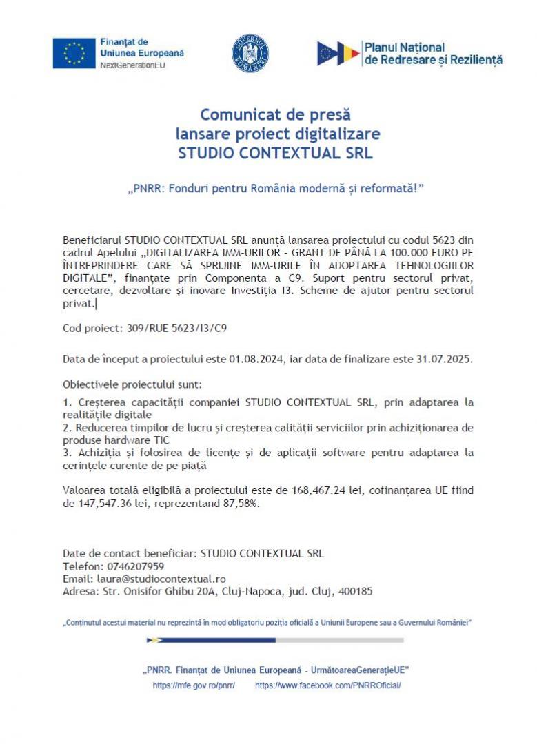 Comunicat de presă lansare proiect digitalizare STUDIO CONTEXTUAL SRL „PNRR: Fonduri pentru România modernă și reformată!”