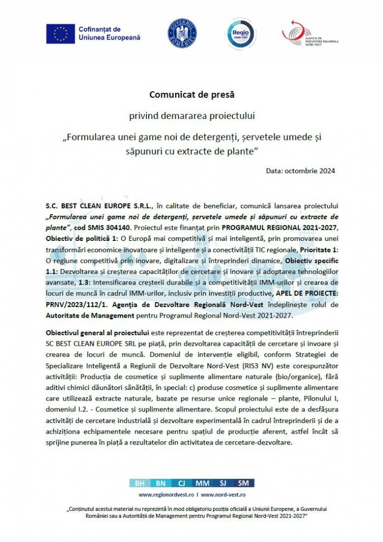 Comunicat de presă privind demararea proiectului „Formularea unei game noi de detergenți, șervetele umede și săpunuri cu extracte de plante”