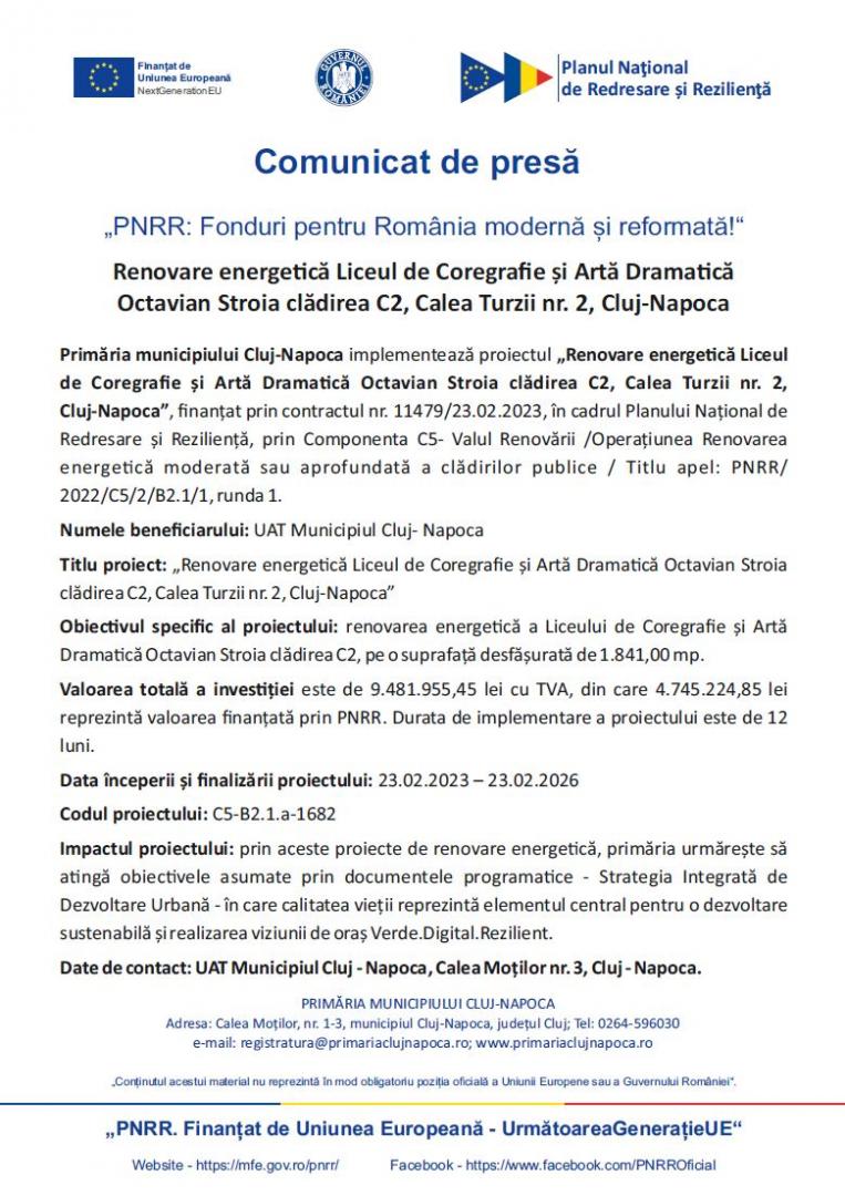 Comunicat de presă „PNRR: Fonduri pentru România modernă și reformată!“ - Renovare energetică Liceul de Coregrafie și Artă Dramatică Octavian Stroia